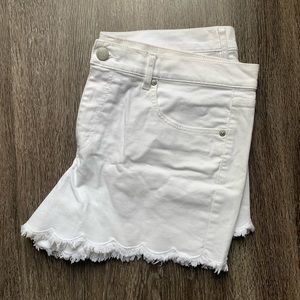 Frayed Denim Cut Off Shorts in White, Scalloped Edge